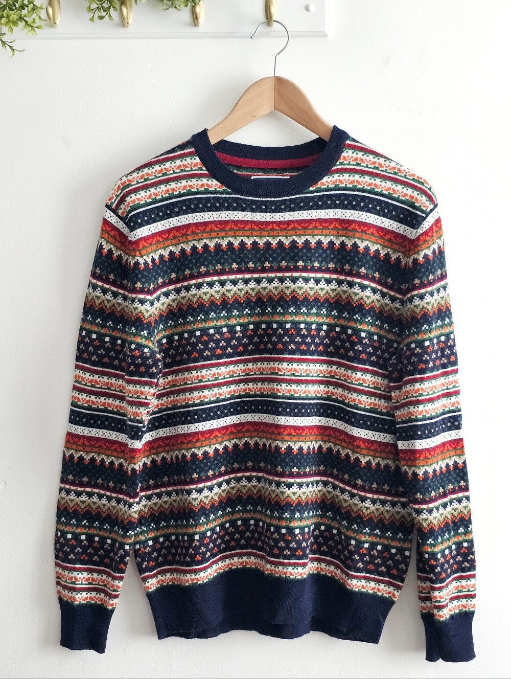 Club Room Merino Wool Fair Isle Sweater Men's Medium Navy Nordic Crewneck